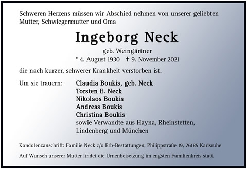 Todesanzeige Ingeborg Neck